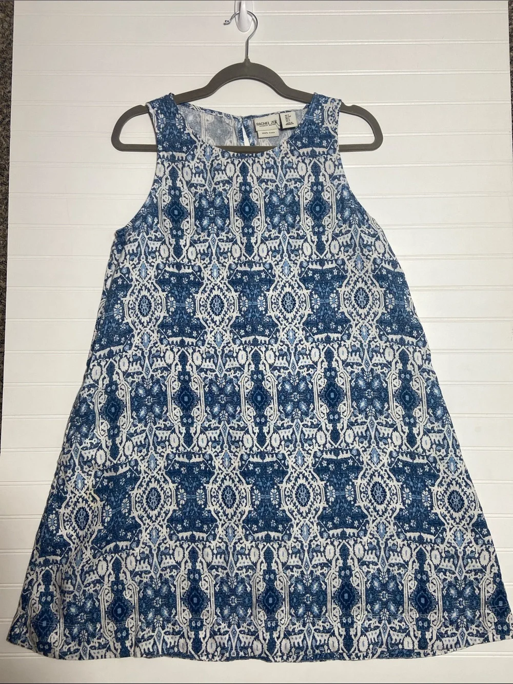 Rachel Zoe 100% Linen Trapeze Dress size M Blue White Geometric Print‎ Pockets